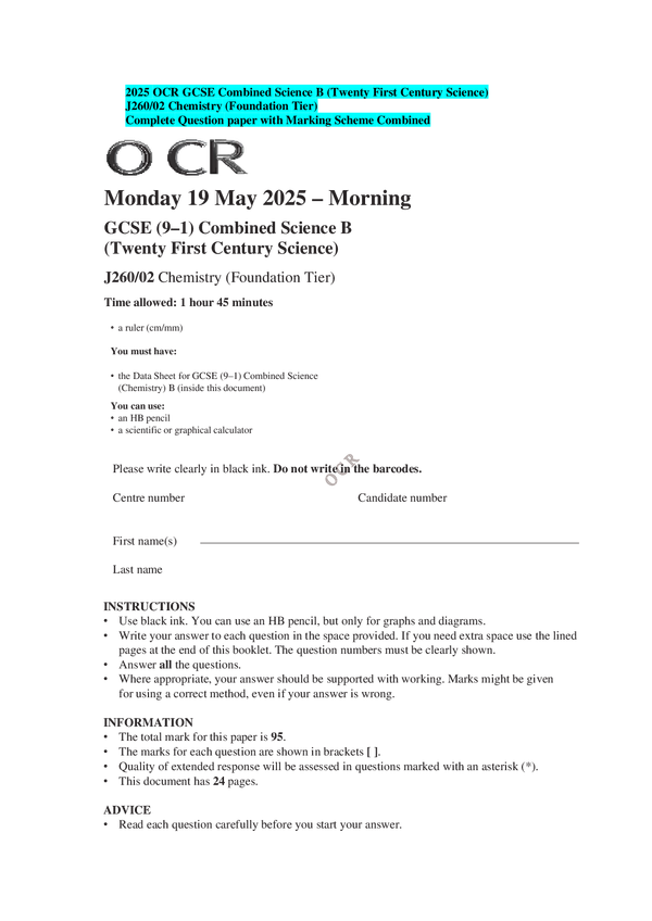 2025 OCR GCSE Combined Science B (Twenty First Century Science) J260/02 Chemistry (Foundation Tier) Complete Question paper with Marking Scheme Combined