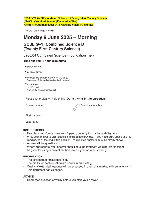 2025 OCR GCSE Combined Science B (Twenty First Century Science) J260/04 Combined Science (Foundation Tier) Complete Question paper with Marking Scheme Combined