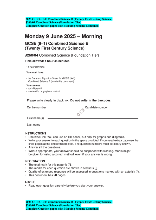 2025 OCR GCSE Combined Science B J260/04 (Foundation Tier) with Marking Scheme