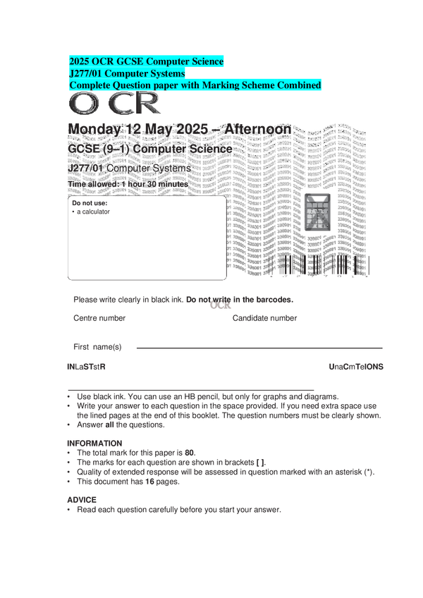 2025 OCR GCSE Computer Science J277/01 Computer Systems Complete Question paper with Marking Scheme Combined