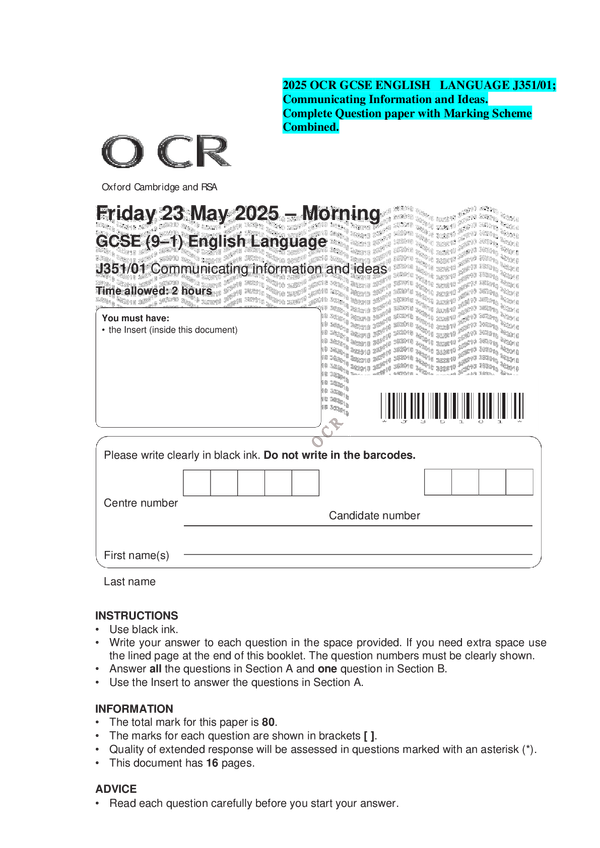 2025 OCR GCSE ENGLISH LANGUAGE J351/01; Communicating Information and Ideas. Complete Question paper with Marking Scheme Combined.