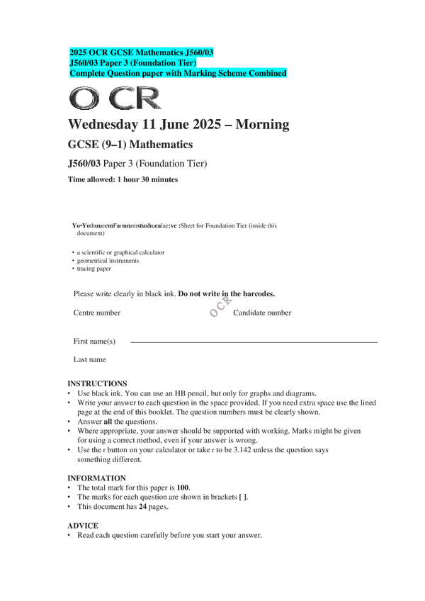 2025 OCR GCSE Mathematics J560/03 J560/03 Paper 3 (Foundation Tier) Complete Question paper with Marking Scheme Combined