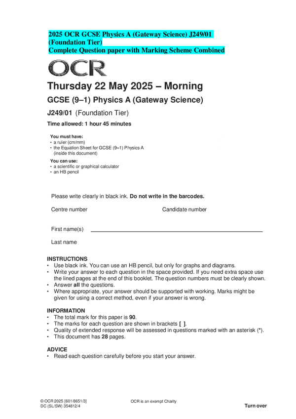 2025 OCR GCSE Physics A (Gateway Science) J249/01 (Foundation Tier) Complete Question paper with Marking Scheme Combined