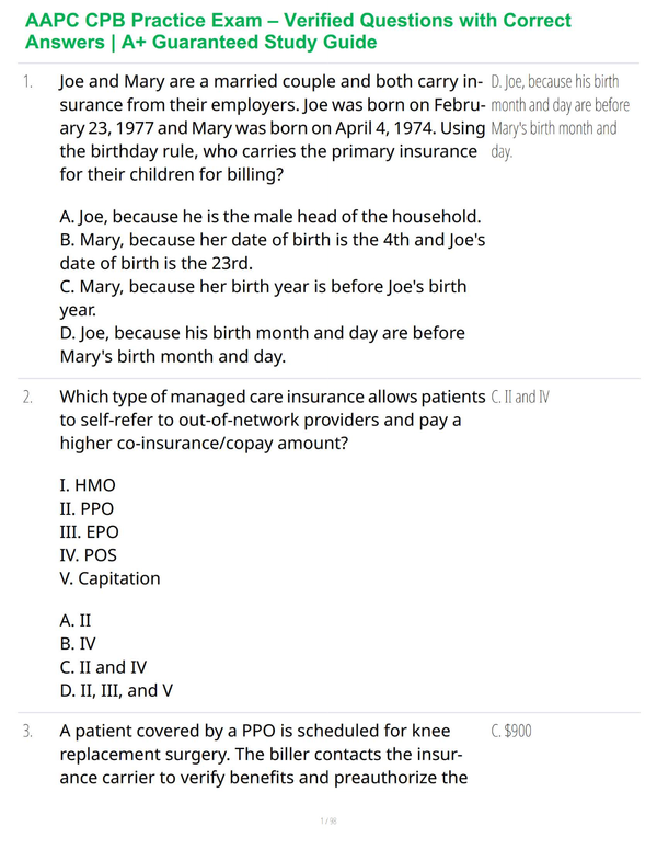 AAPC CPB Practice Exam – Verified Questions with Correct Answers | A+ Guaranteed Study Guide