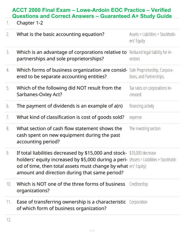 ACCT 2000 Final Exam – Lowe-Ardoin EOC Practice – Verified Questions and Correct Answers – Guaranteed A+ Study Guide