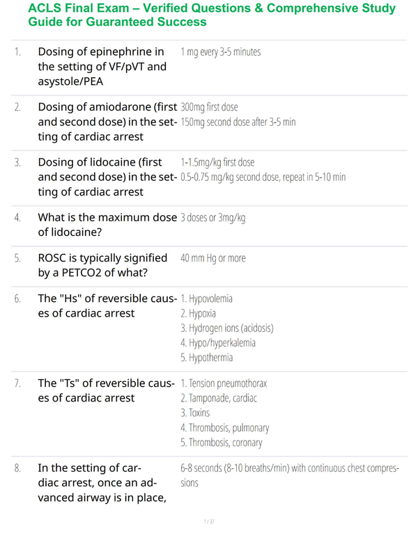 ACLS Final Exam – Verified Questions & Comprehensive Study Guide for Guaranteed Success