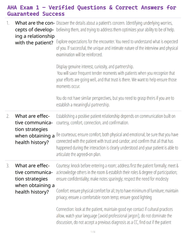 AHA Exam 1 – Verified Questions & Correct Answers for Guaranteed Success