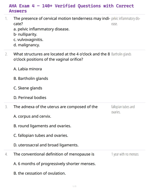 AHA Exam 4 – 140+ Verified Questions with Correct Answers