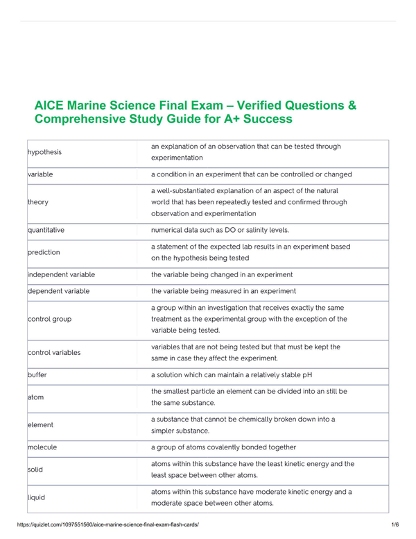 AICE Marine Science Final Exam – Verified Questions & A+ Guaranteed Success