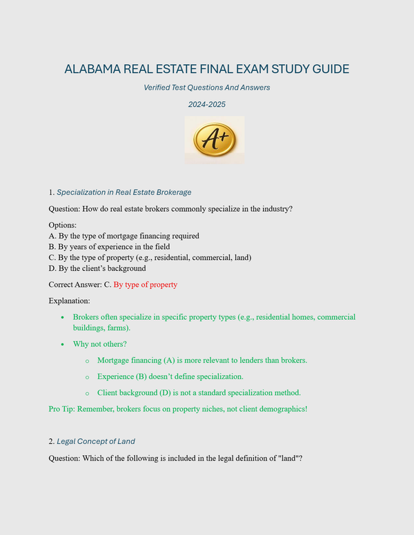 ALABAMA REAL ESTATE FINAL EXAM STUDY GUIDE Verified Test Questions And Answers 2024-2025