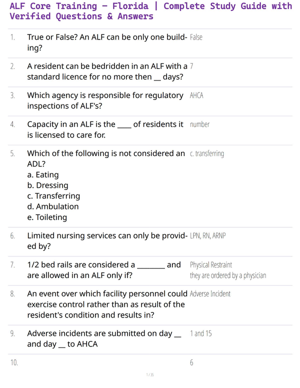 ALF Core Training – Florida | Complete Study Guide with Verified Questions & Answers