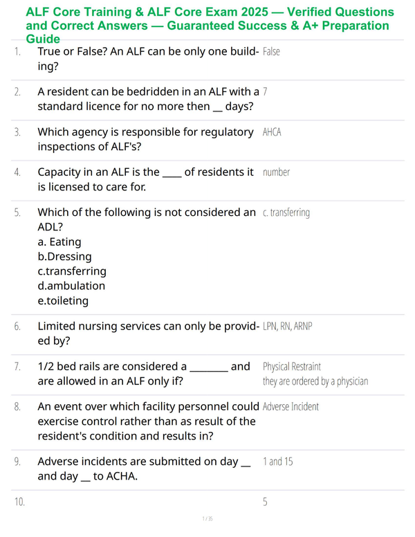 ALF Core Training & ALF Core Exam 2025 — Verified Questions and Correct Answers — Guaranteed Success & A+ Preparation Guide