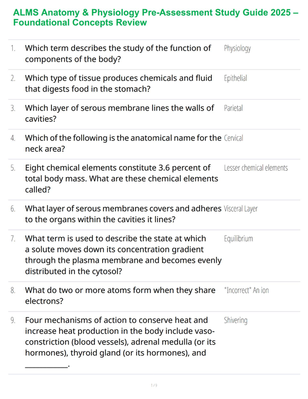 ALMS Anatomy & Physiology Pre-Assessment Study Guide 2025 – Foundational Concepts Review