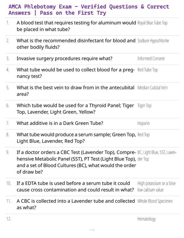 AMCA Phlebotomy Exam – Verified Questions & Correct Answers | Pass on the First Try
