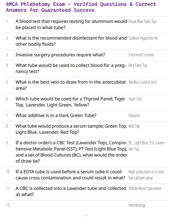 AMCA Phlebotomy Exam – Verified Questions & Correct Answers for Guaranteed Success