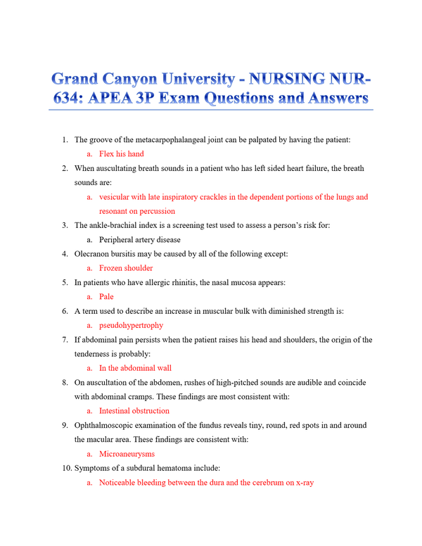 APEA 3P Exam NUR 634 Grand Canyon University. | Contains 150 Commonly Tested Questions and Answers.