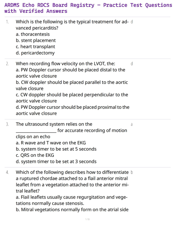 ARDMS Echo RDCS Board Registry – Practice Test Questions with Verified Answers
