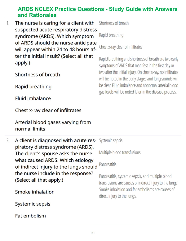 ARDS NCLEX Practice Questions - Study Guide with Answers and Rationales