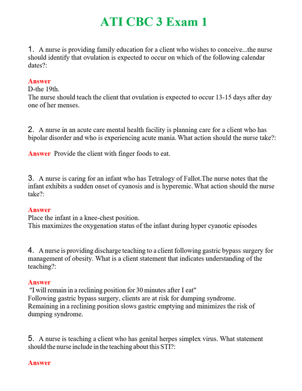 ATI CBC 3 Exam 1 Questions With Complete Grade A+ Answers