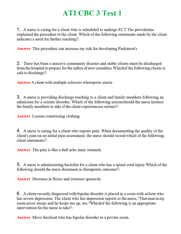 ATI CBC 3 Test 1 Questions With Complete Grade A+ Answers