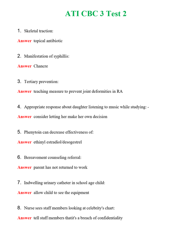 ATI CBC 3 Test 2 Questions With Complete Grade A+ Answers