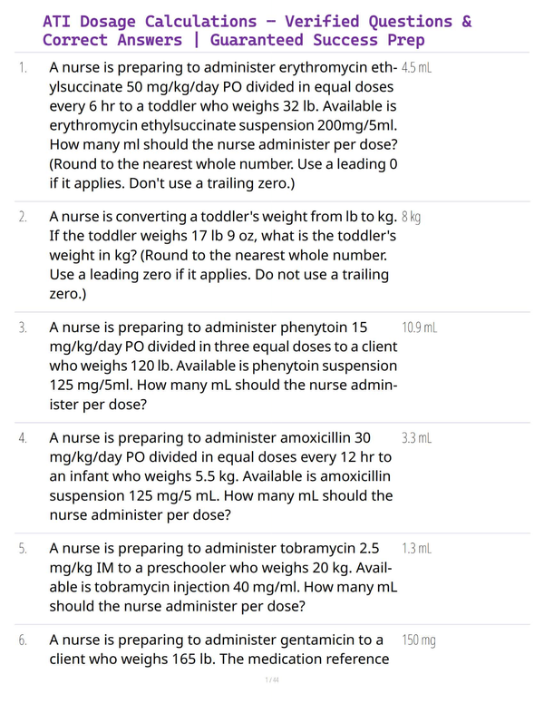 ATI Dosage Calculations – Verified Questions & Correct Answers | Guaranteed Success Prep