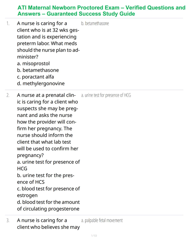 ATI Maternal Newborn Proctored Exam – Verified Questions and Answers – Guaranteed Success Study Guide
