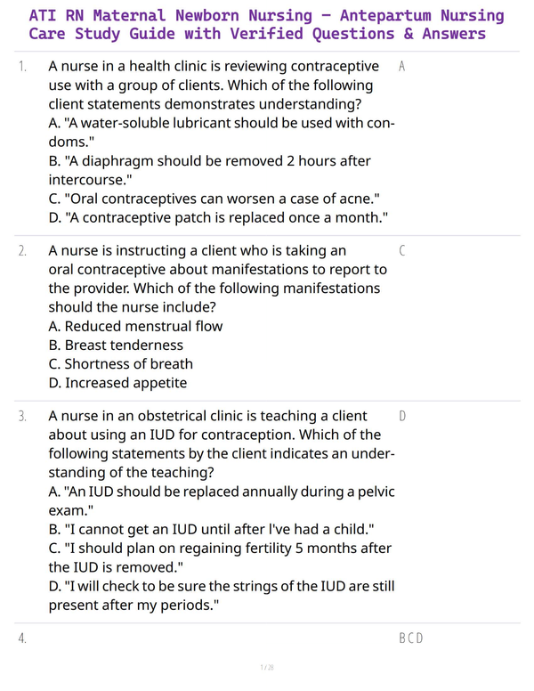 ATI RN Maternal Newborn Nursing – Antepartum Nursing Care Study Guide with Verified Questions & Answers