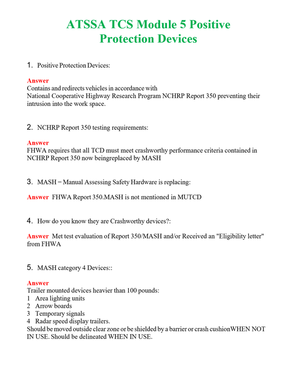 ATSSA TCS Module 5 Positive Protection Devices | Actual Questions and Verified Answers ( Included ) 100% Correct