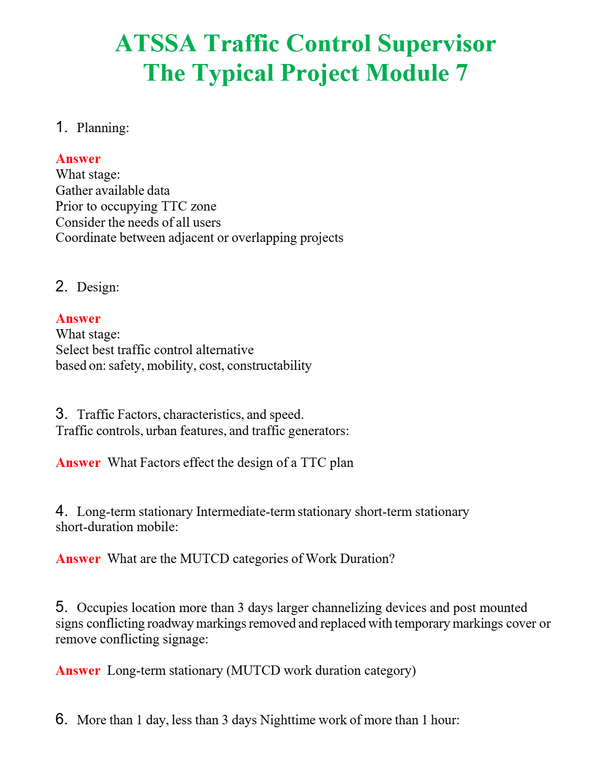ATSSA Traffic Control Supervisor The Typical Project Module 7 | Actual Questions and Verified Answers ( Included ) 100% Correct