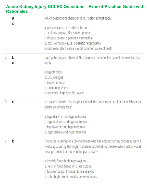 Acute Kidney Injury NCLEX Questions - Exam 4 Practice Guide with Rationales