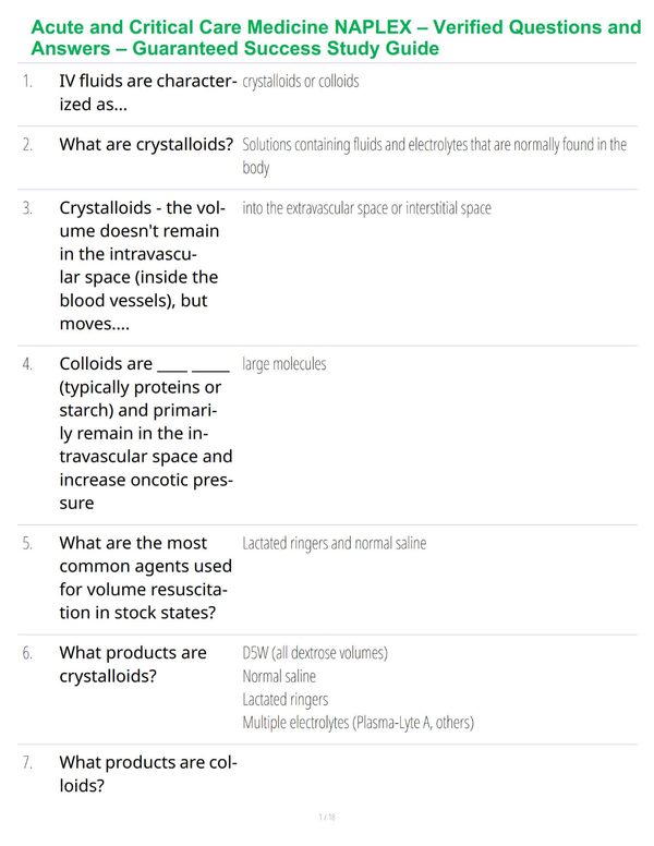 Acute and Critical Care Medicine NAPLEX – Verified Questions and Answers – Guaranteed Success Study Guide