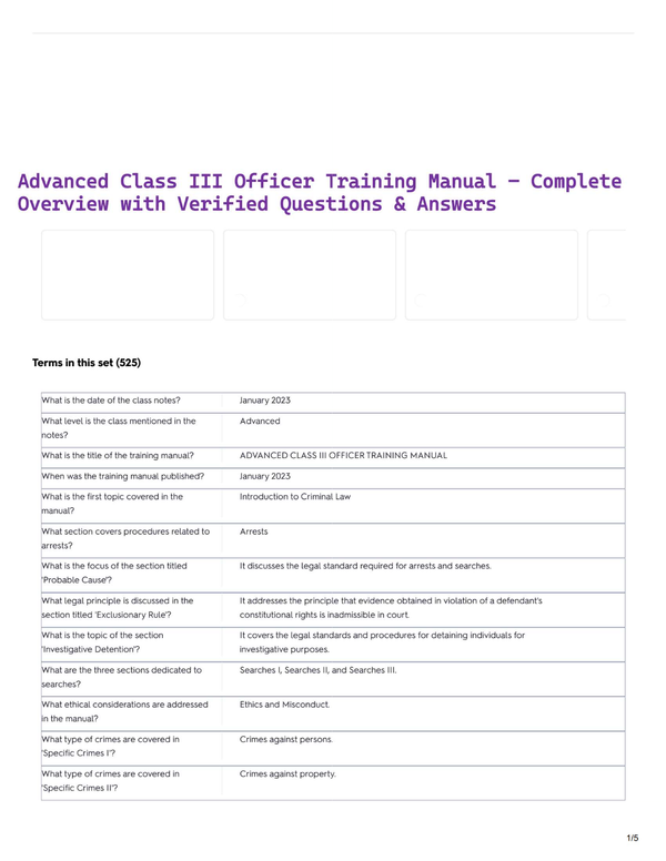 Advanced Class III Officer Training Manual – Complete Overview with Verified Questions & Answers