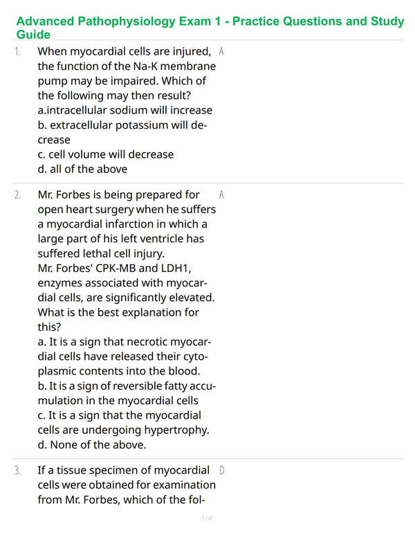 Advanced Pathophysiology Exam 1 - Practice Questions and Study Guide