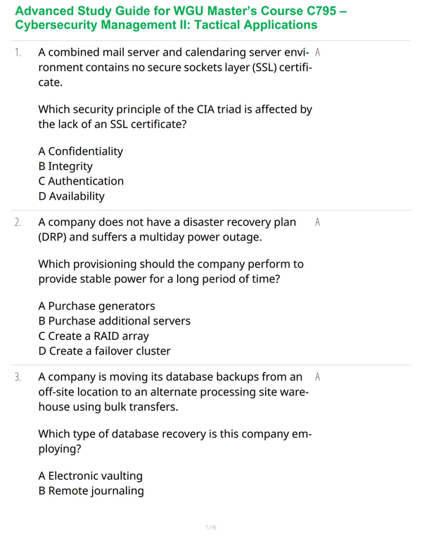 Advanced Study Guide for WGU Master’s Course C795 – Cybersecurity Management II: Tactical Applications