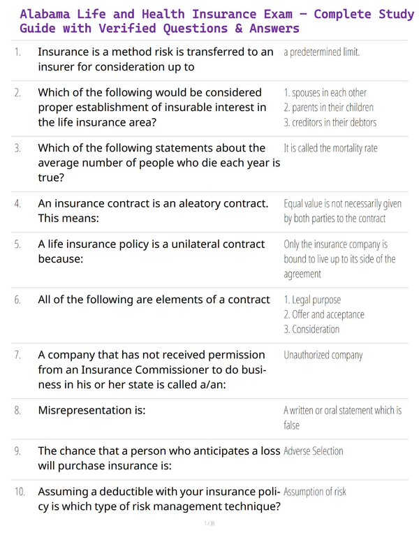 Alabama Life and Health Insurance Exam – Complete Study Guide with Verified Questions & Answer