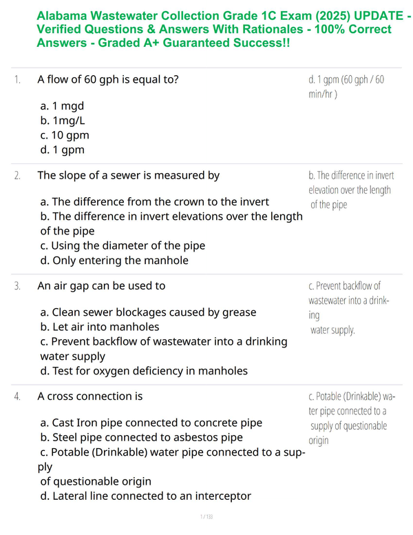Alabama Wastewater Collection Grade 1C Exam (2025) UPDATE - Verified Questions & Answers - With 100% Correct Answers - Graded A+ Guaranteed Success!!
