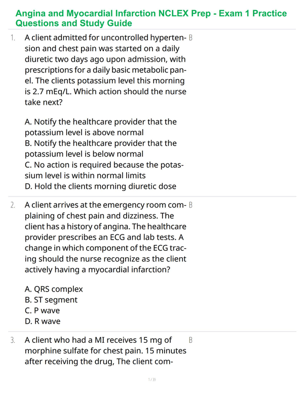 Angina and Myocardial Infarction NCLEX Prep - Exam 1 Practice Questions and Study Guide
