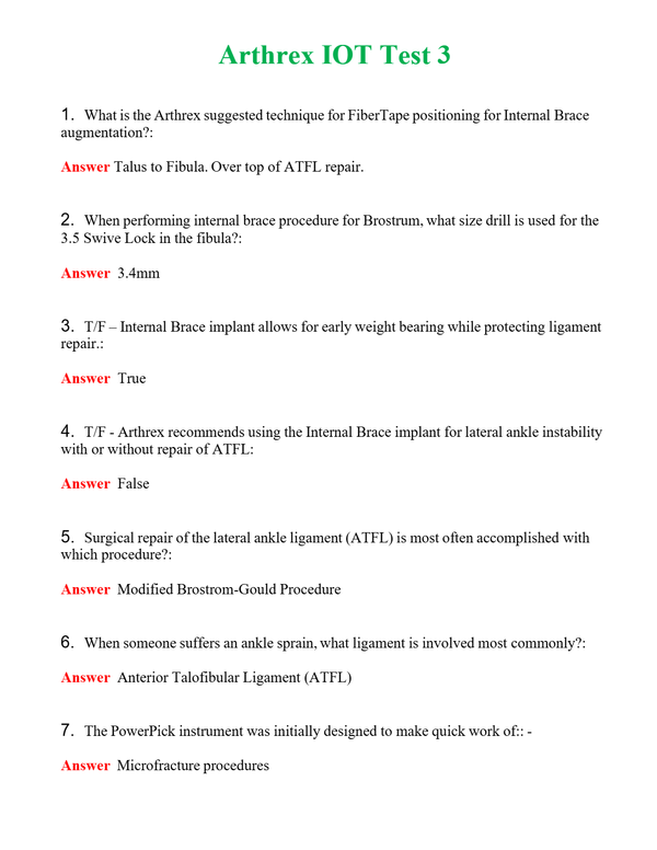 Arthrex IOT Test 3 Questions With Complete Grade A+ Answers