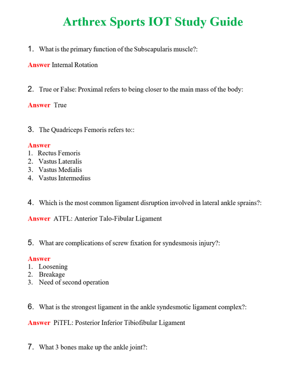 Arthrex Sports IOT Study Guide | Actual Questions and Verified Answers ( Included ) 100% Correct