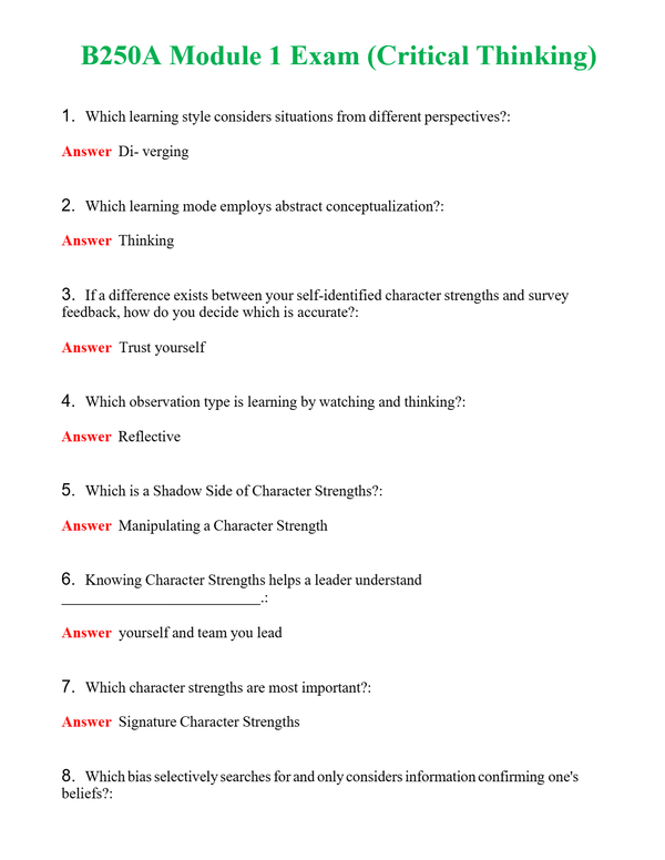 B250A Module 1 Exam (Critical Thinking) Questions With Complete Grade A+ Answers
