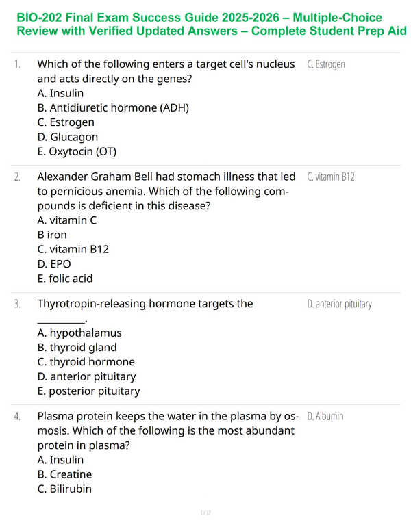 BIO-202 Final Exam Success Guide 2025-2026 – Multiple-Choice Review with Verified Updated Answers – Complete Student Prep Aid