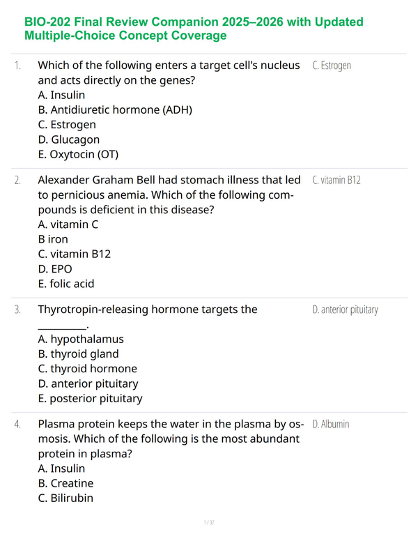 BIO-202 Final Review Companion 2025–2026 with Updated Multiple-Choice Concept Coverage