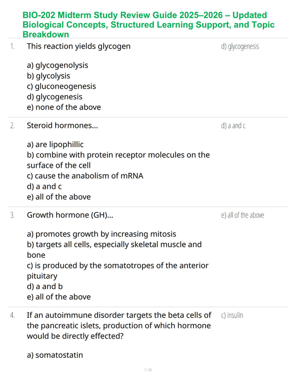 BIO-202 Midterm Study Review Guide 2025–2026 – Updated Biological Concepts, Structured Learning Support, and Topic Breakdown