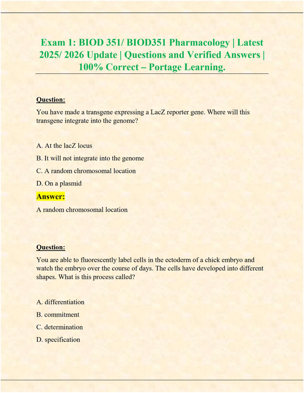 BIOD 351 Pharmacology Exam 1 (Latest 2025/2026 Update) | Verified Questions & Answers | 100% Correct – Portage Learning