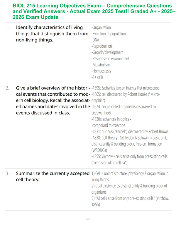 BIOL 215 Learning Objectives Exam – Comprehensive Questions and Verified Answers | Actual Exam 2025 Test!! Graded A+ | 2025–2026 Exam Update