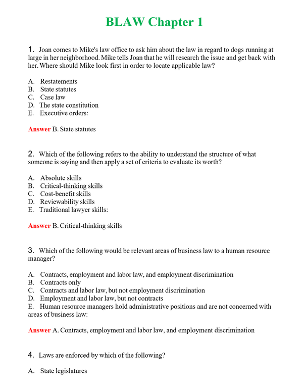 BLAW Chapter 1 | Actual Questions and Verified Answers ( Included ) 100% Correct