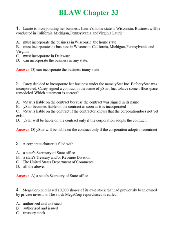 BLAW Chapter 33 | Actual Questions and Verified Answers ( Included ) 100% Correct