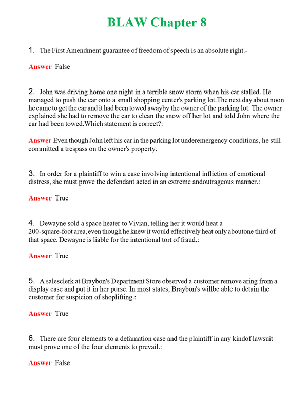 BLAW Chapter 8 | Actual Questions and Verified Answers ( Included ) 100% Correct