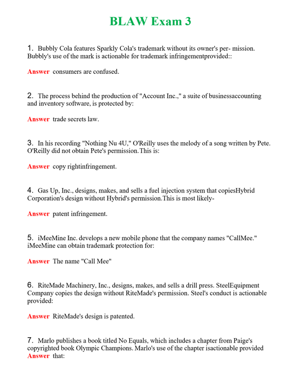 BLAW Exam 3 | Actual Questions and Verified Answers ( Included ) 100% Correct